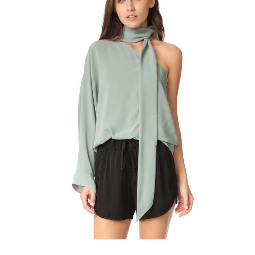 C/MEO COLLECTIVE One Shoulder Tie Collar Top. Size M. Foam Green Color.
